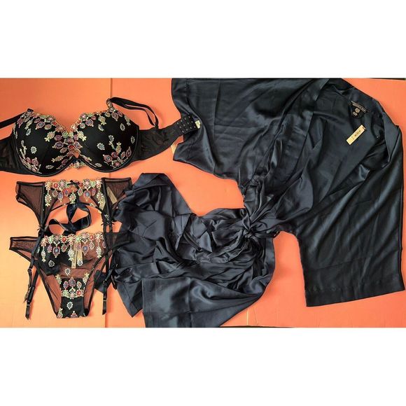 Victoria's Secret 36D,36DDD,38DDD BRA SET+garter+ROBE navy BLUE jewel EMBROIDER